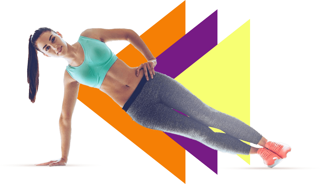 A woman in grey pants and blue top doing yoga.